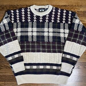 VTG 90s Woods and Gray Crewneck Knit Sweater Mens L Striped Cotton Multicolor